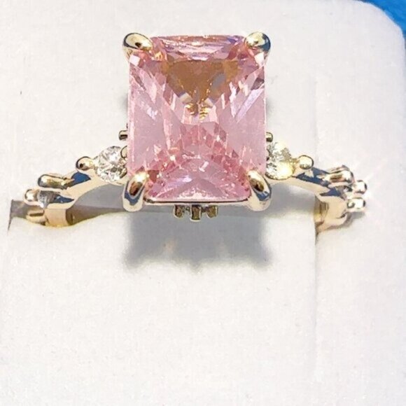 Jewelry Gifts Jewelry - Princess Cut Pink Cubic Zirconia Ring - Gold Plated Brass, Size 8